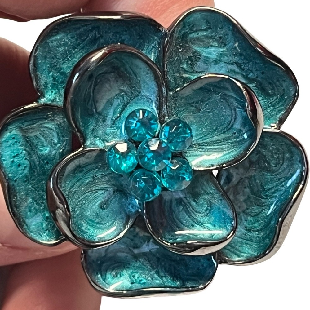 Statement Flower Ring Blue Enamel Rhinestone Stretch Band Size 8.5 And Up